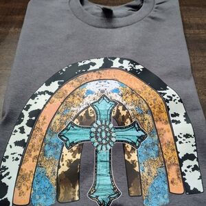 Gray T-Shirt with Colorful Cross and Rainbow Design